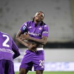 L'esultanza di Moise Kean con la maglia viola in Fiorentina-Inter